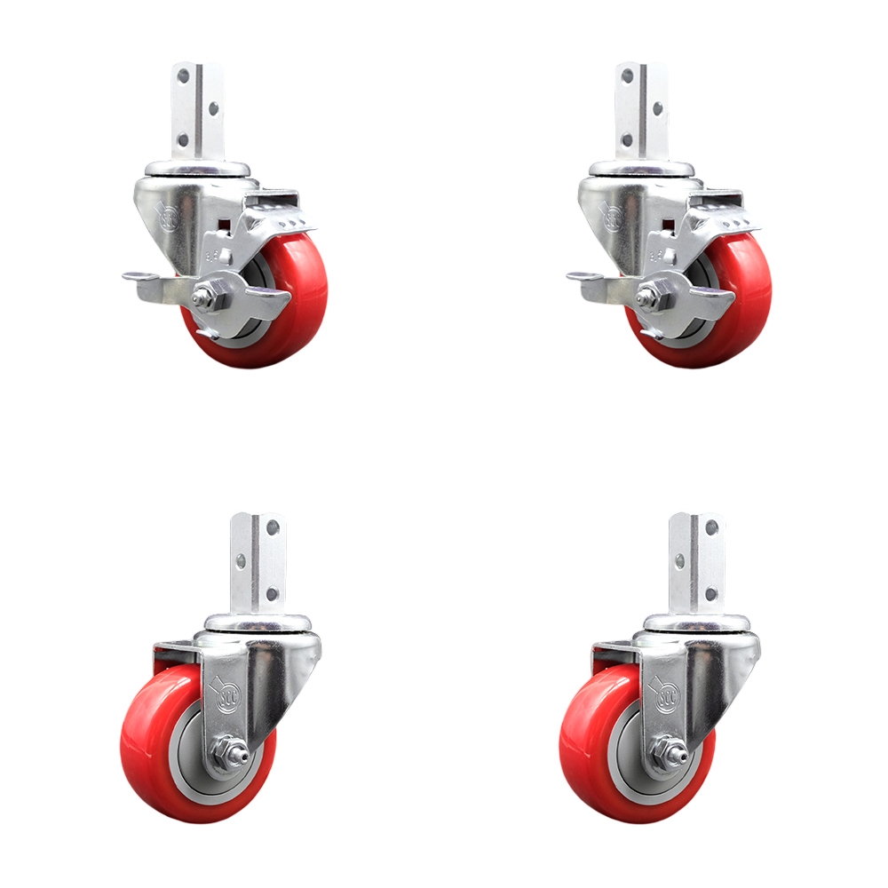 Swivel Square Stem Caster with 3.5 x 1.25 in. Red Poly Wheel, 0.75 x 2 in. Square Stem with 3 0.26 in. Diameter Mounting Holes - Set of 4