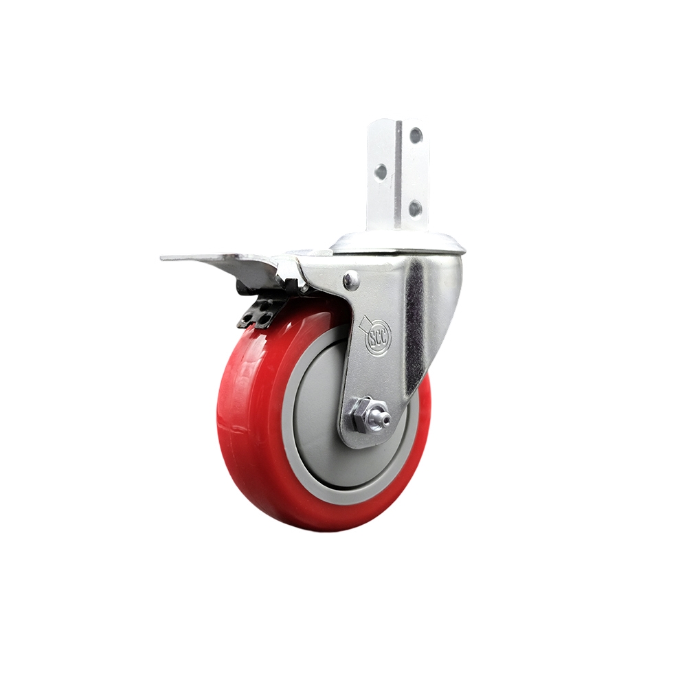 Swivel Square Stem Caster with 4 x 1.25 in. Red Polyurethane Wheel, 0.87 x 2 in. Square Stem with 3 0.26 in. Diameter Mounting Holes