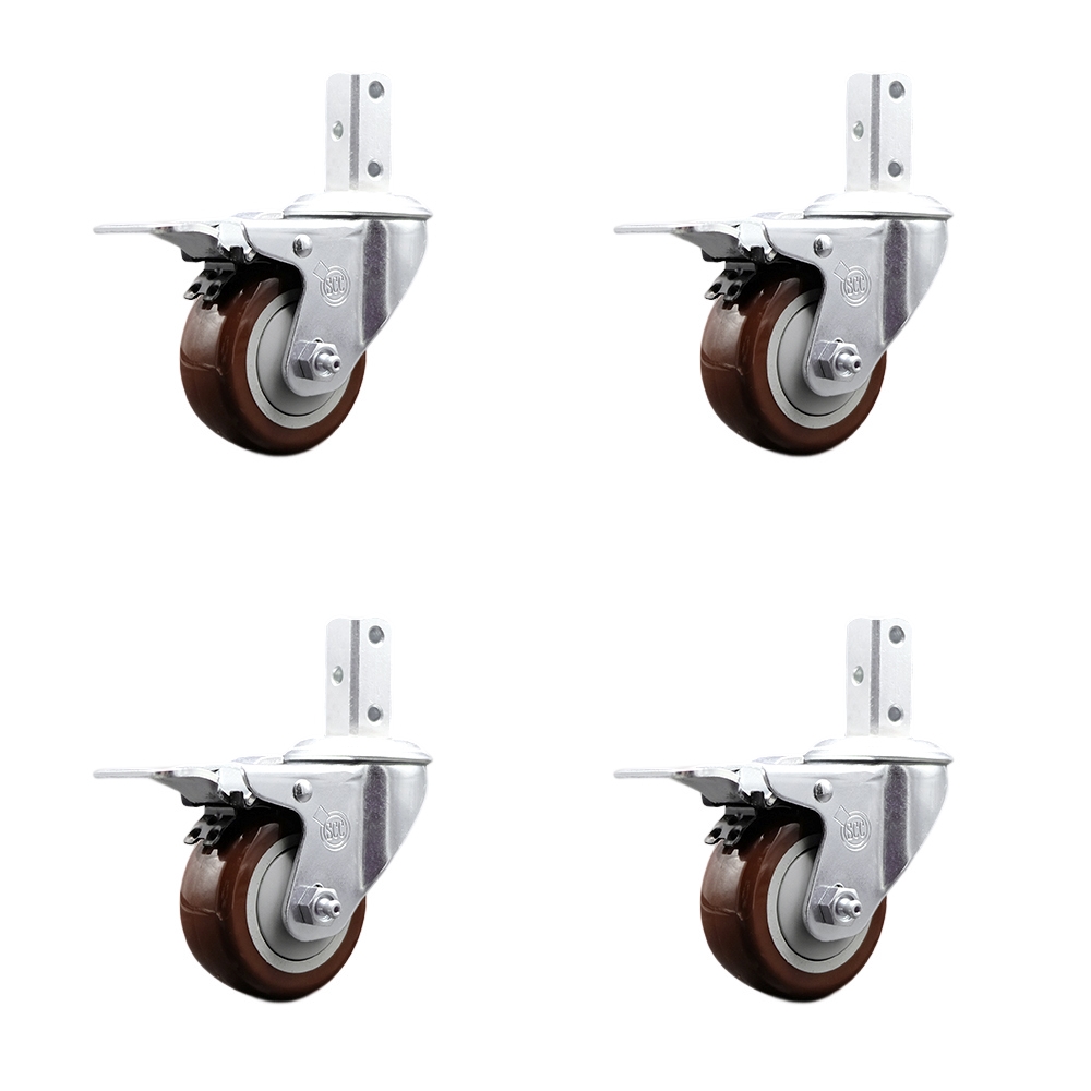 Swivel Square Stem Caster with 3 x 1.25 in. Maroon Poly Wheel, 0.75 x 2 in. Square Stem with 3 0.26 in. Diameter Mounting Holes - Set of 4
