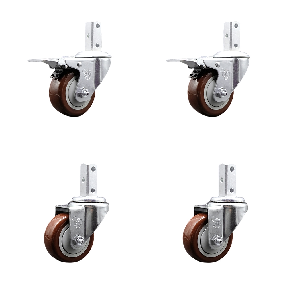 Swivel Square Stem Caster with 3.5 x 1.25 in. Maroon Poly Wheel, 0.75 x 2 in. Square Stem with 3 0.26 in. Diameter Mounting Holes - Set of 4