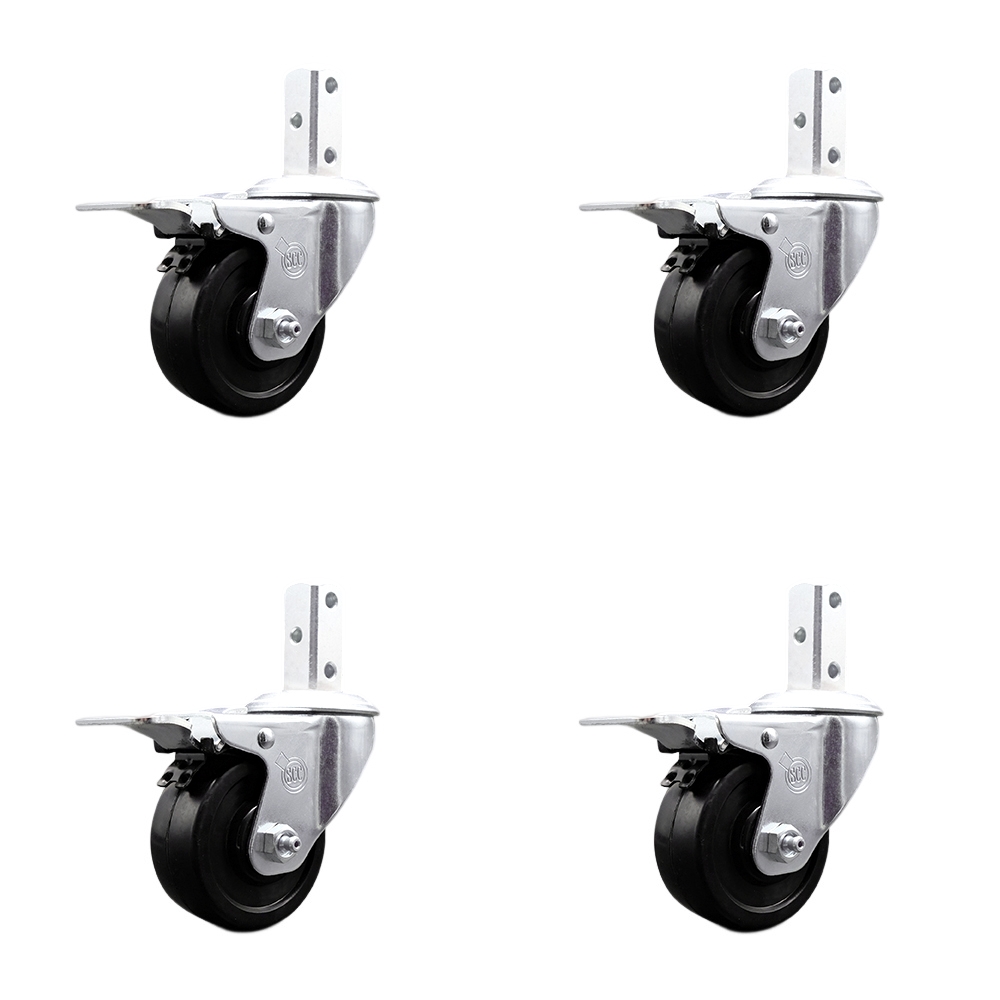 Swivel Square Stem Caster with 3 x 1.25 in. Black Soft Rubber Wheel, 0.75 x 2 in. Square Stem with 3 0.26 in. Diameter Mounting Holes - Set of 4