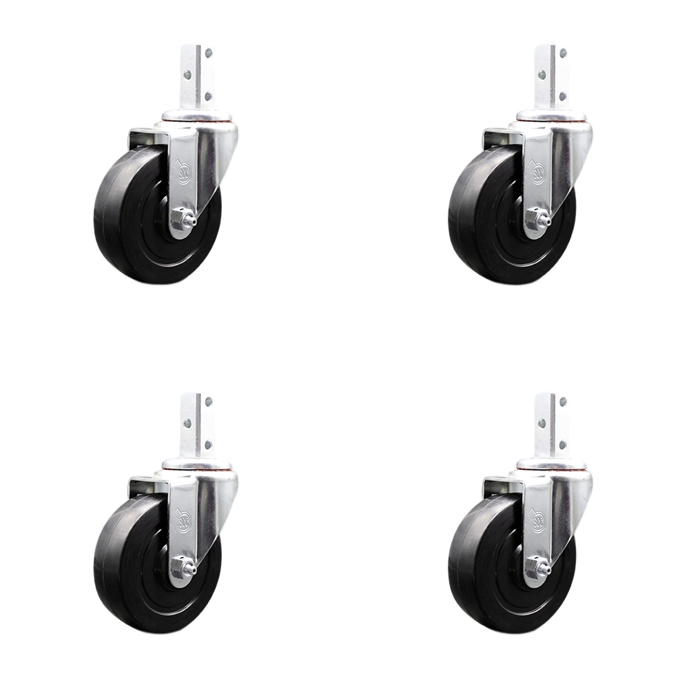 Swivel Square Stem Caster with 4 x 1.25 in. Black Soft Rubber Wheel, 0.75 x 2 in. Square Stem with 3 0.26 in. Diameter Mounting Holes - Set of 4