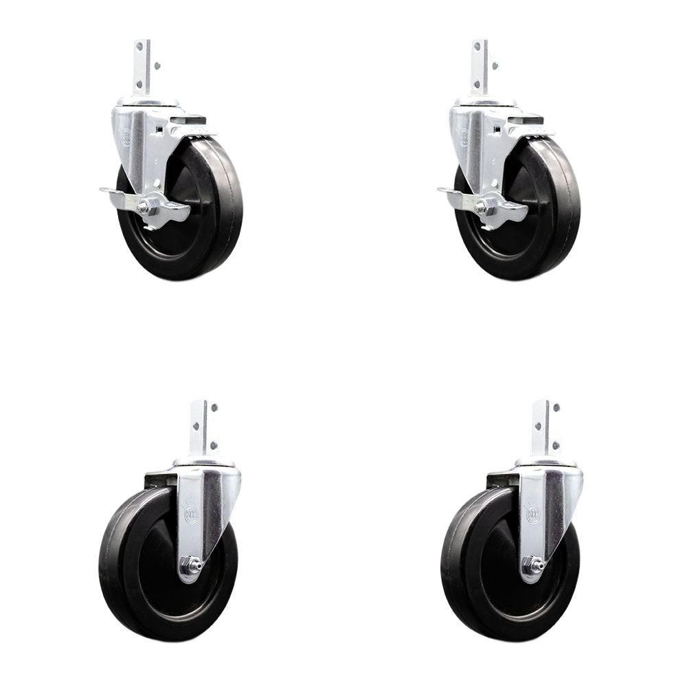 Swivel Square Stem Caster with 5 x 1.25 in. Black Soft Rubber Wheel, 0.87 x 2 in. Square Stem with 3 0.26 in. Diameter Mounting Holes - Set of 4