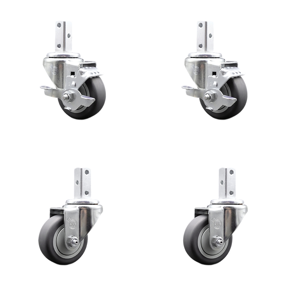 Swivel Square Stem Caster with 3 x 1.25 in. Gray Thermoplastic Rubber Wheel, with 3 0.26 in. Diameter Mounting Holes - Set of 4