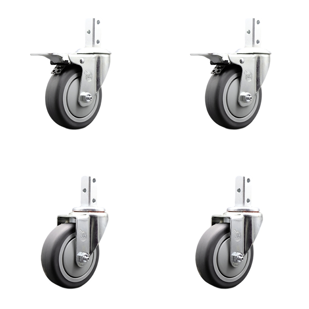 Swivel Square Stem Caster with 4 x 1.25 in. Gray Thermoplastic Rubber Wheel, with 3 0.26 in. Diameter Mounting Holes - Set of 4