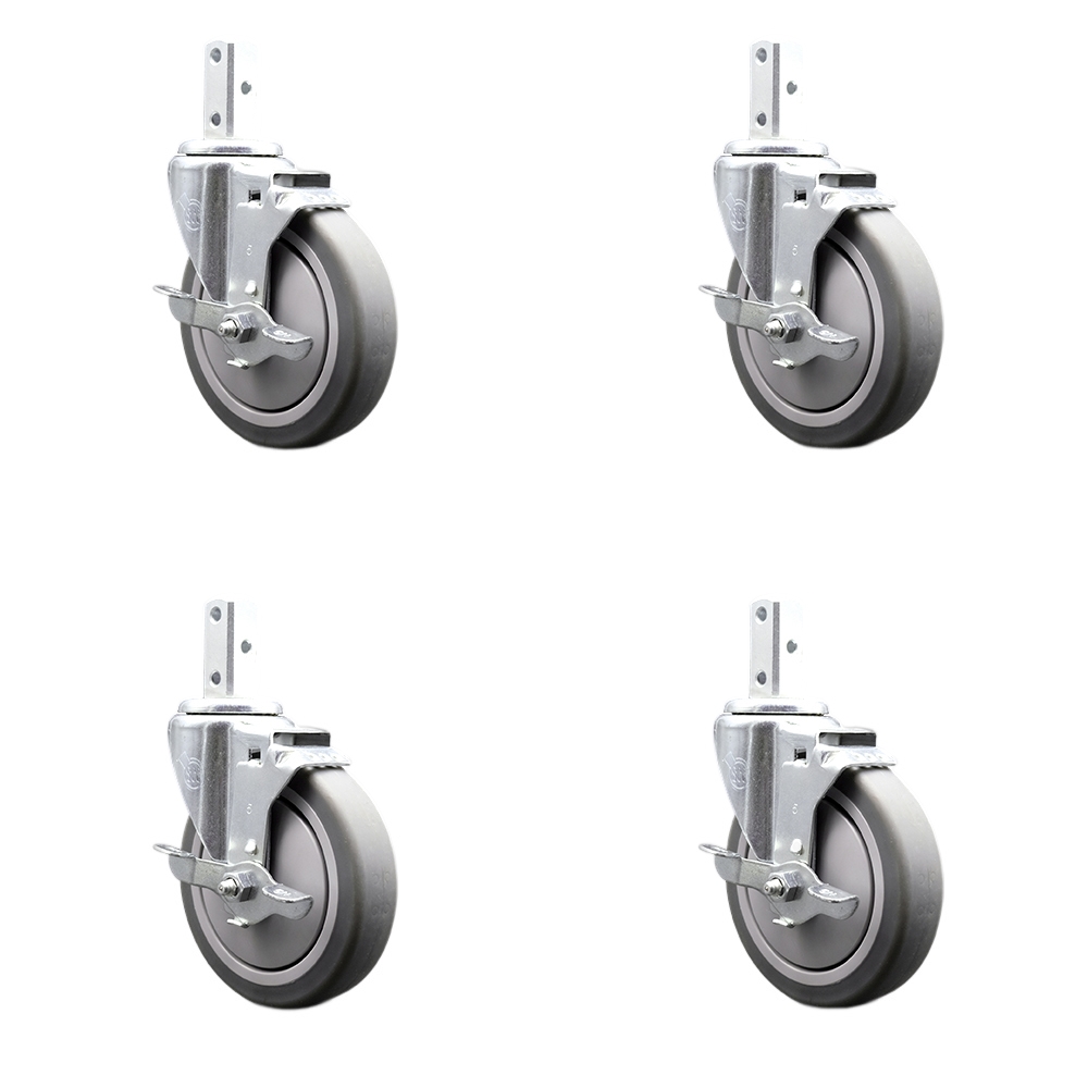 Swivel Square Stem Caster with 5 x 1.25 in. Gray Thermoplastic Rubber Wheel, with 3 0.26 in. Diameter Mounting Holes - Set of 4