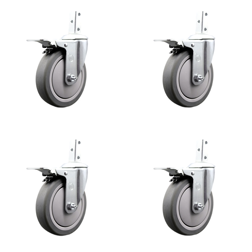 Swivel Square Stem Caster with 5 x 1.25 in. Gray Thermoplastic Rubber Wheel, with 3 0.26 in. Diameter Mounting Holes - Set of 4