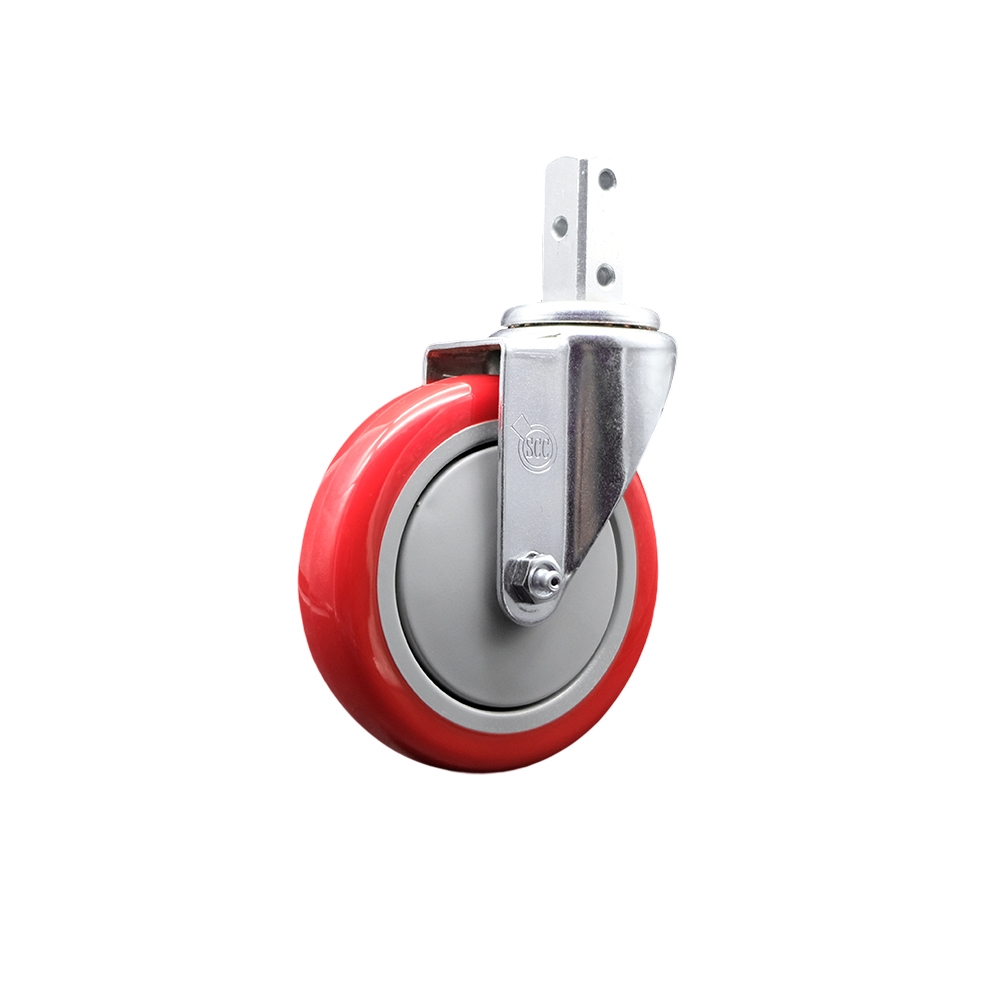 Swivel Square Stem Caster with 5 x 1.25 in. Red Non-Marking Polyurethane Wheel, 0.87 x 2 in. Square Stem with 3 0.26 in. Diameter Mounting Holes