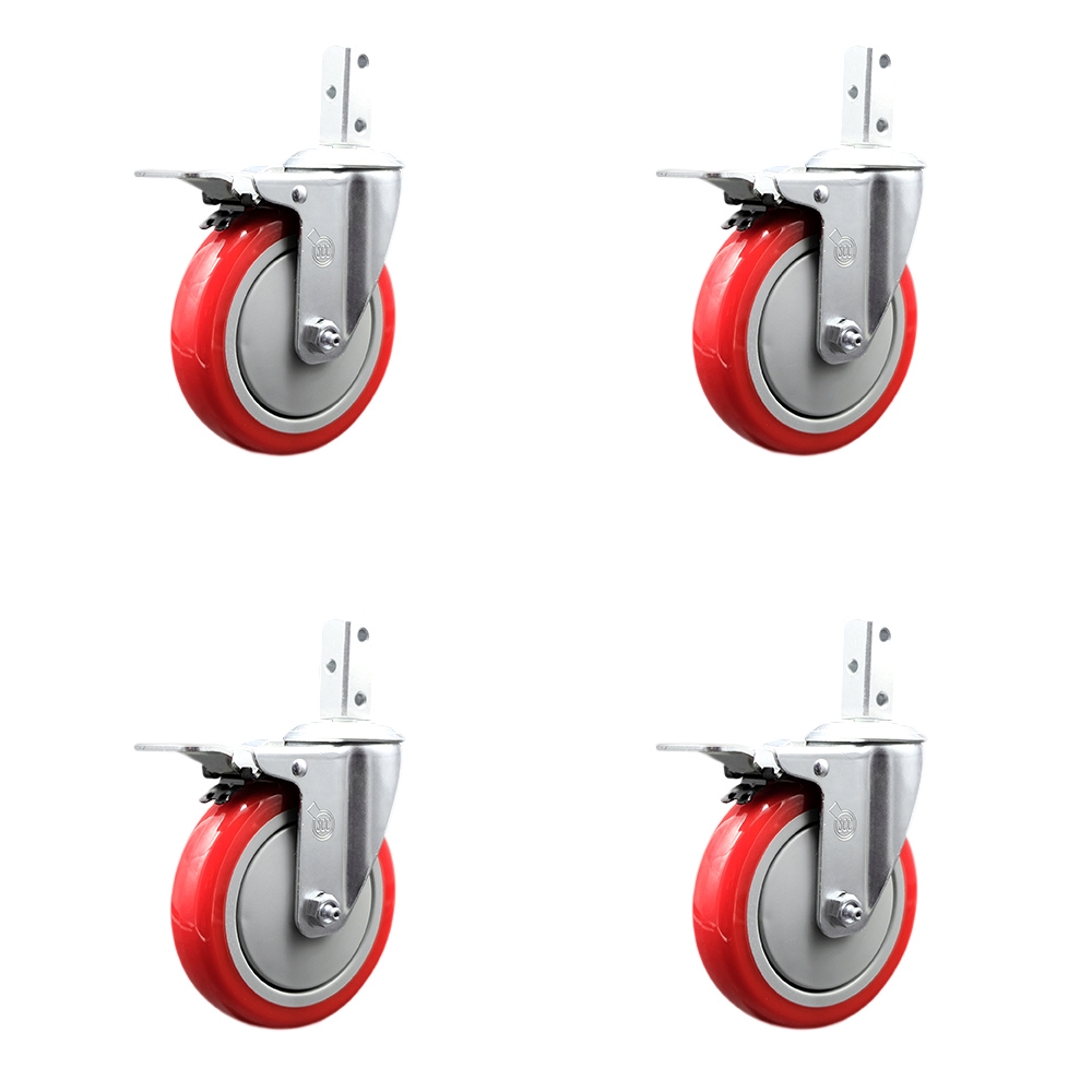 Swivel Square Stem Caster with 5 x 1.25 in. Red Poly Wheel, 0.87 x 2 in. Square Stem with 3 0.26 in. Diameter Mounting Holes - Set of 4