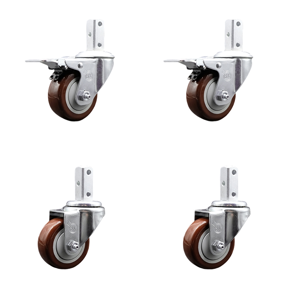 Swivel Square Stem Caster with 3 x 1.25 in. Maroon Poly Wheel, 0.75 x 2 in. Square Stem with 3 0.26 in. Diameter Mounting Holes - Set of 4