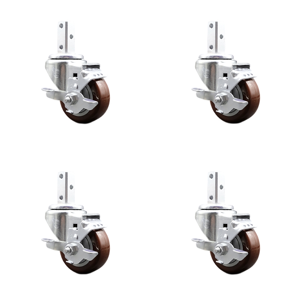 Swivel Square Stem Caster with 3 x 1.25 in. Maroon Poly Wheel, 0.87 x 2 in. Square Stem with 3 0.26 in. Diameter Mounting Holes - Set of 4