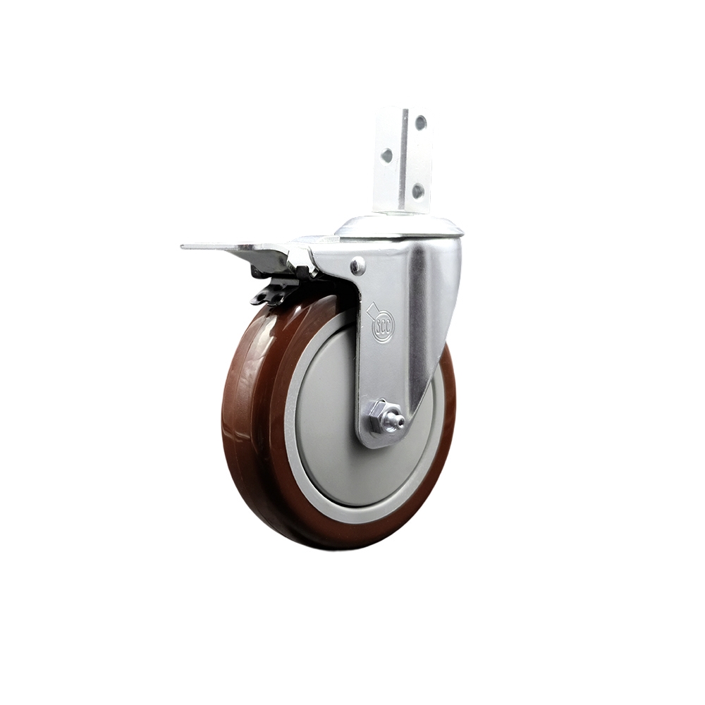 Swivel Square Stem Caster with 5 x 1.25 in. Maroon Polyurethane Wheel, 0.75 x 2 in. Square Stem with 3 0.26 in. Diameter Mounting Holes