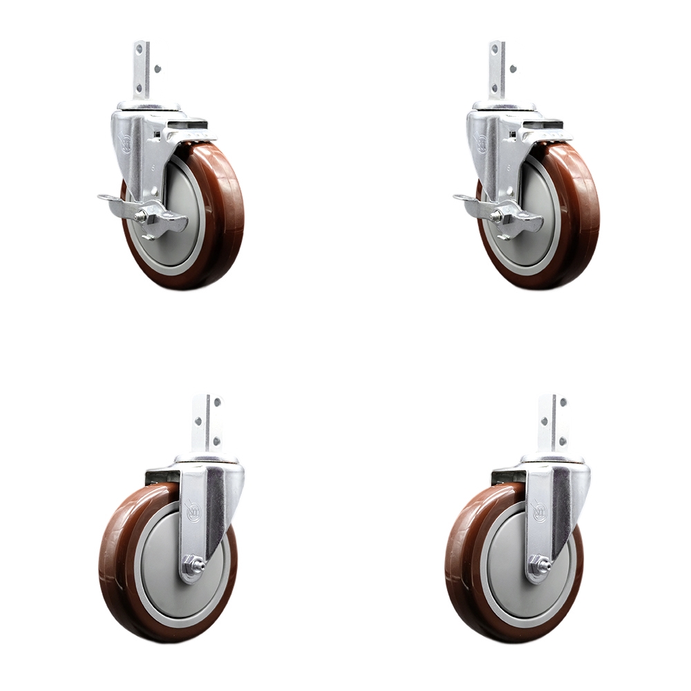 Swivel Square Stem Caster with 5 x 1.25 in. Maroon Poly Wheel, 0.87 x 2 in. Square Stem with 3 0.26 in. Diameter Mounting Holes - Set of 4
