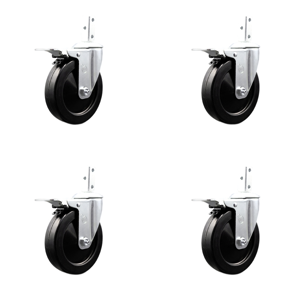 Swivel Square Stem Caster with 5 x 1.25 in. Black Soft Rubber Wheel, 0.75 x 2 in. Square Stem with 3 0.26 in. Diameter Mounting Holes - Set of 4