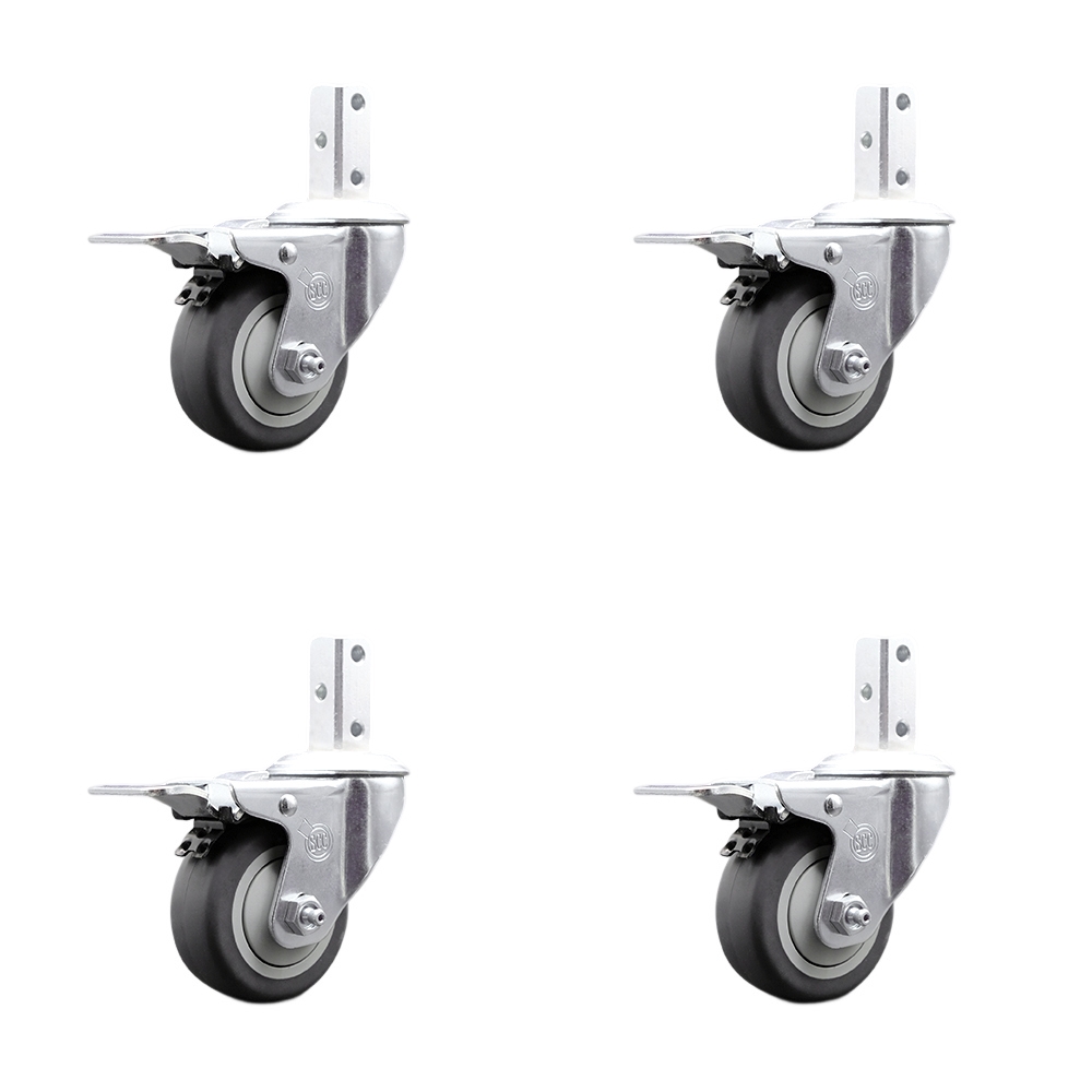 Swivel Square Stem Caster with 3 x 1.25 in. Gray Thermoplastic Rubber Wheel, with 3 0.26 in. Diameter Mounting Holes - Set of 4