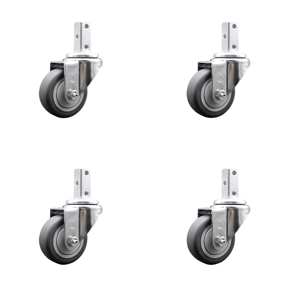 Swivel Square Stem Caster with 3.5 x 1.25 in. Gray Thermoplastic Rubber Wheel, with 3 0.26 in. Diameter Mounting Holes - Set of 4