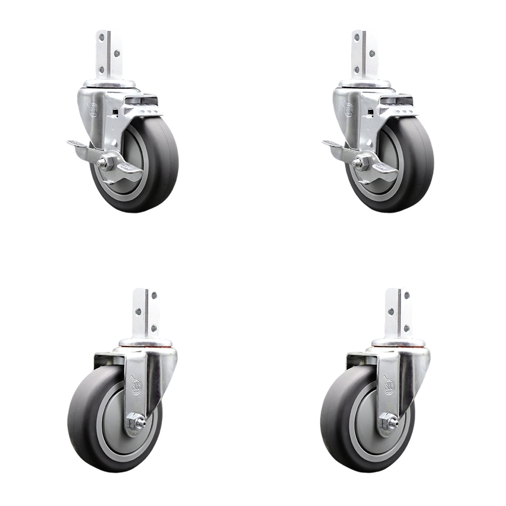 Swivel Square Stem Caster with 4 x 1.25 in. Gray Thermoplastic Rubber Wheel, with 3 0.26 in. Diameter Mounting Holes - Set of 4