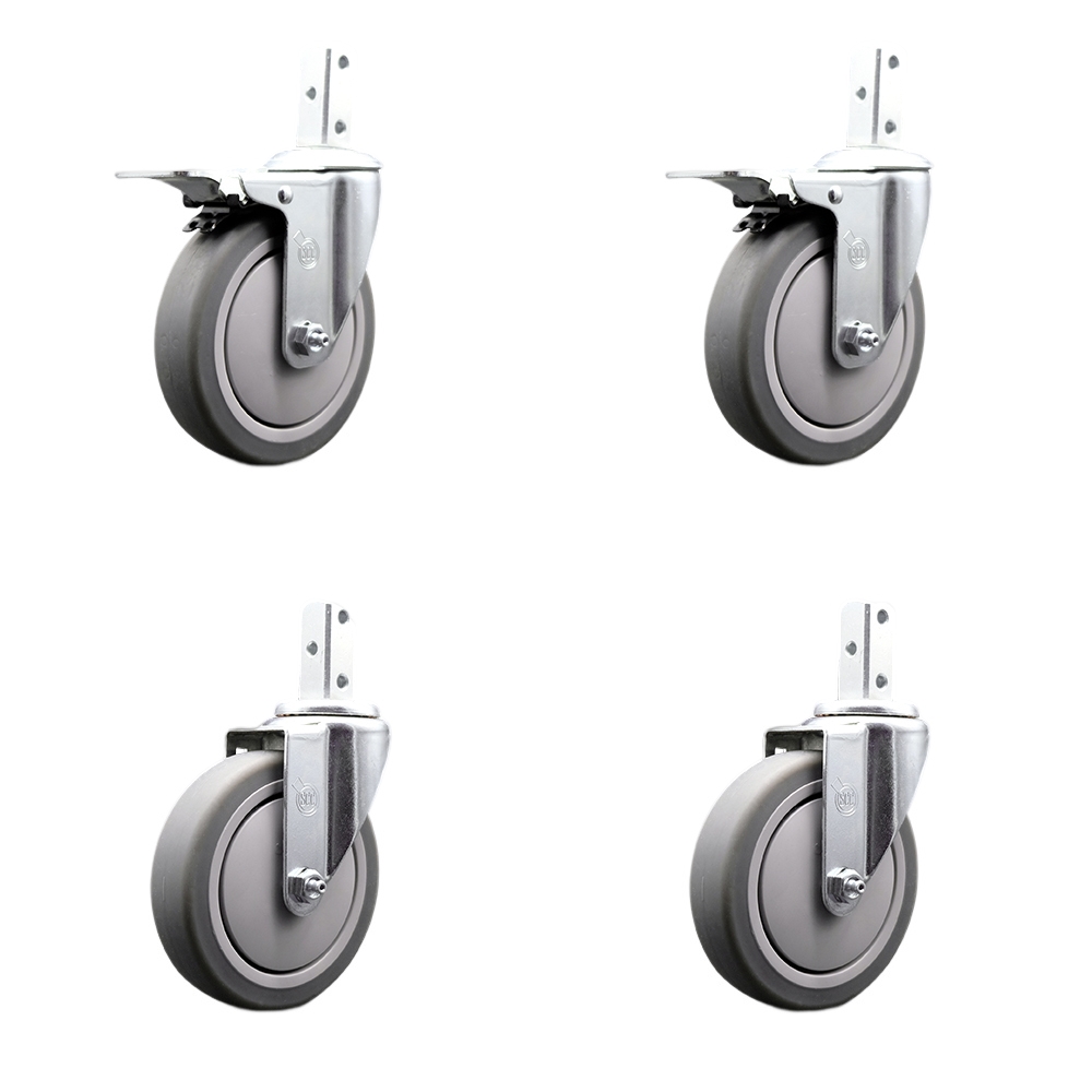 Swivel Square Stem Caster with 5 x 1.25 in. Gray Thermoplastic Rubber Wheel, with 3 0.26 in. Diameter Mounting Holes - Set of 4