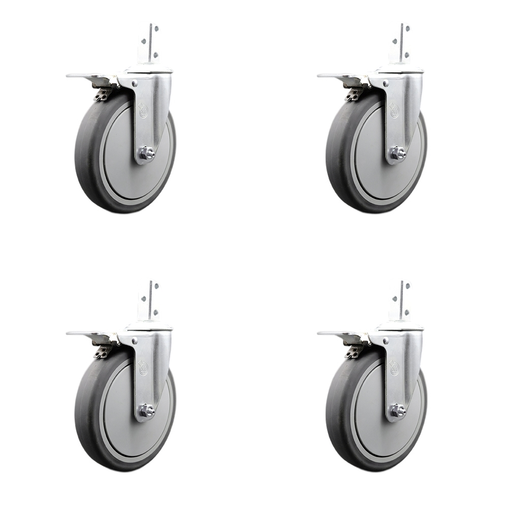 Swivel Square Stem Caster with 6 x 1.25 in. Gray Thermoplastic Rubber Wheel, with 3 0.26 in. Diameter Mounting Holes - Set of 4