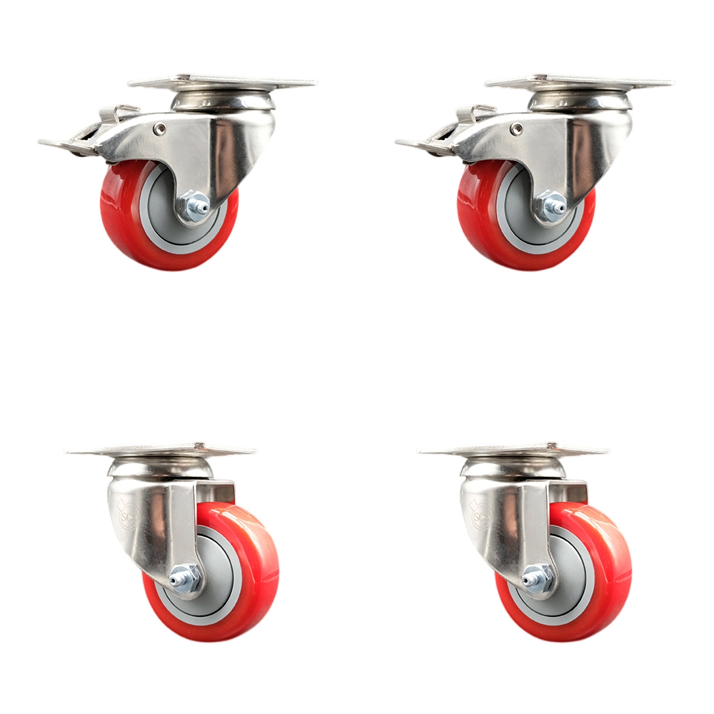 SCC-SS316TTL20S314-PPUB-RED-2-S-2 Polyurethane Swivel Top Plate Caster with 3 in. 316 Stainless Steel Red Wheels - Set of 4