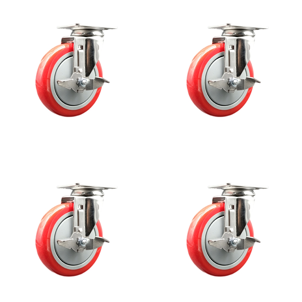SCC-SS31620S514-PPUB-RED-TLB-4 Polyurethane Swivel Top Plate Caster with 5 in. 316 Stainless Steel Red Wheels - Set of 4