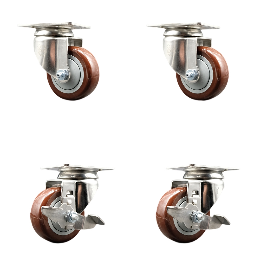 SCC-SS31620S314-PPUB-MRN-2-TLB-2 Polyurethane Swivel Top Plate Caster with 3 in. 316 Stainless Steel Maroon Wheels - Set of 4