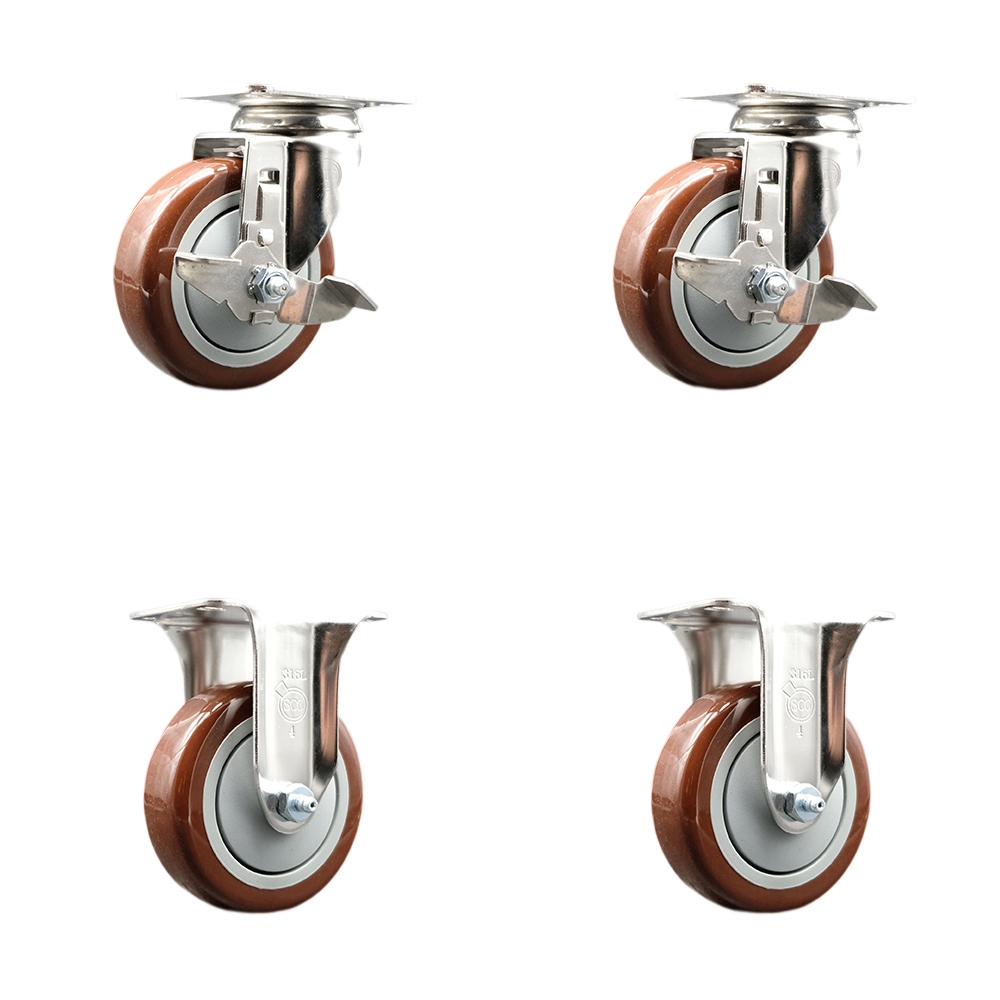 SCC-SS31620S414-PPUB-MRN-TLB-2-R-2 Polyurethane Swivel Top Plate Caster with 4 in. 316 Stainless Steel Maroon Wheels - Set of 4