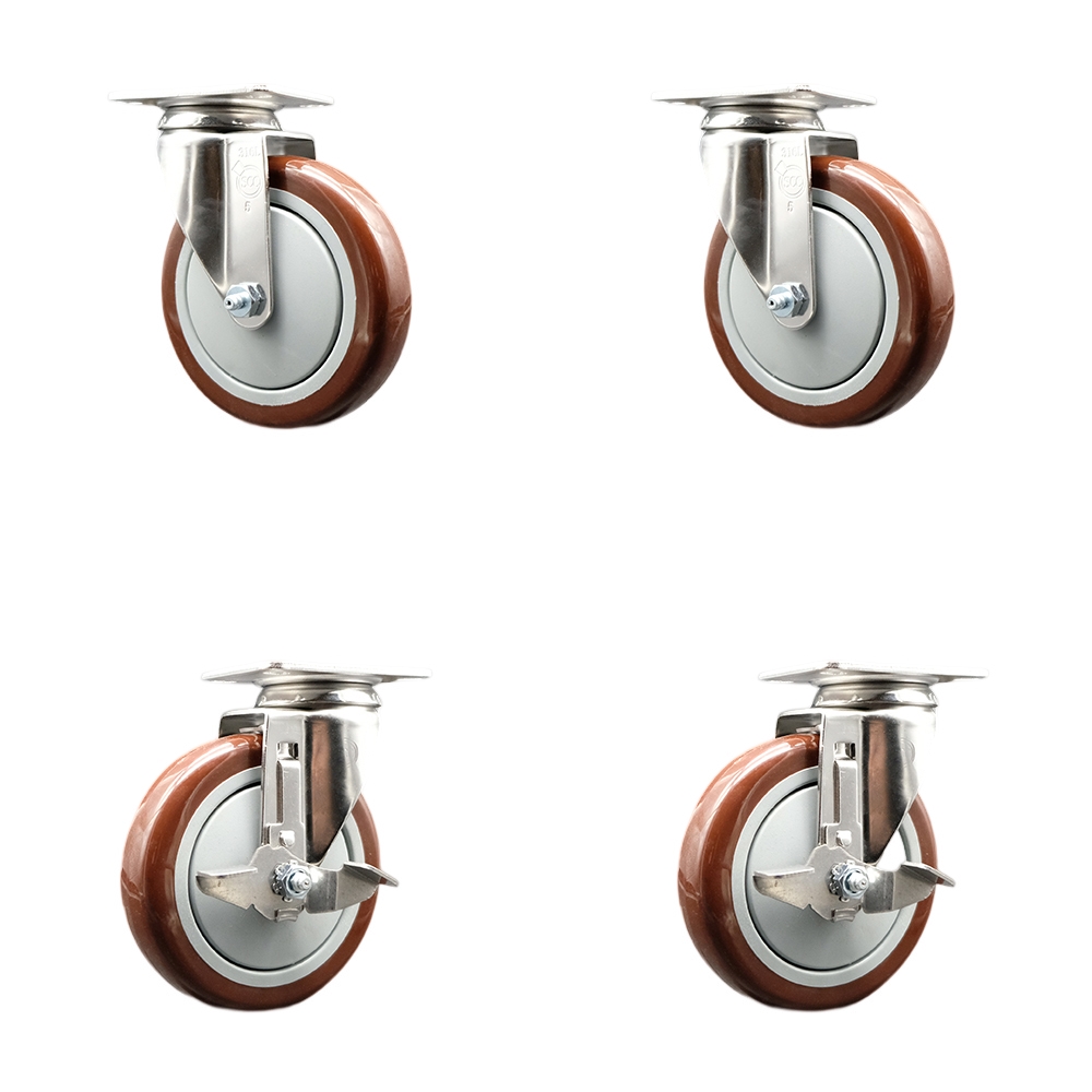 SCC-SS31620S514-PPUB-MRN-2-TLB-2 Polyurethane Swivel Top Plate Caster with 5 in. 316 Stainless Steel Maroon Wheels - Set of 4