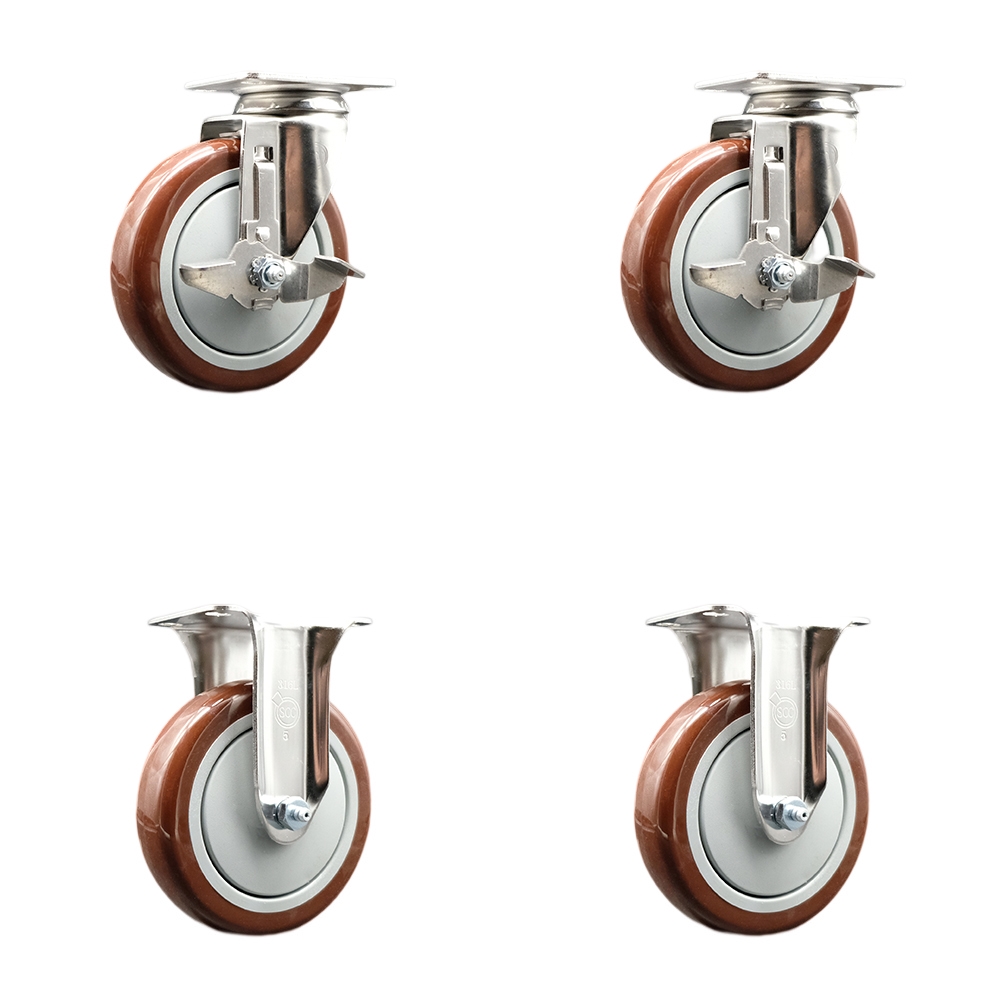 SCC-SS31620S514-PPUB-MRN-TLB-2-R-2 Polyurethane Swivel Top Plate Caster with 5 in. 316 Stainless Steel Maroon Wheels - Set of 4