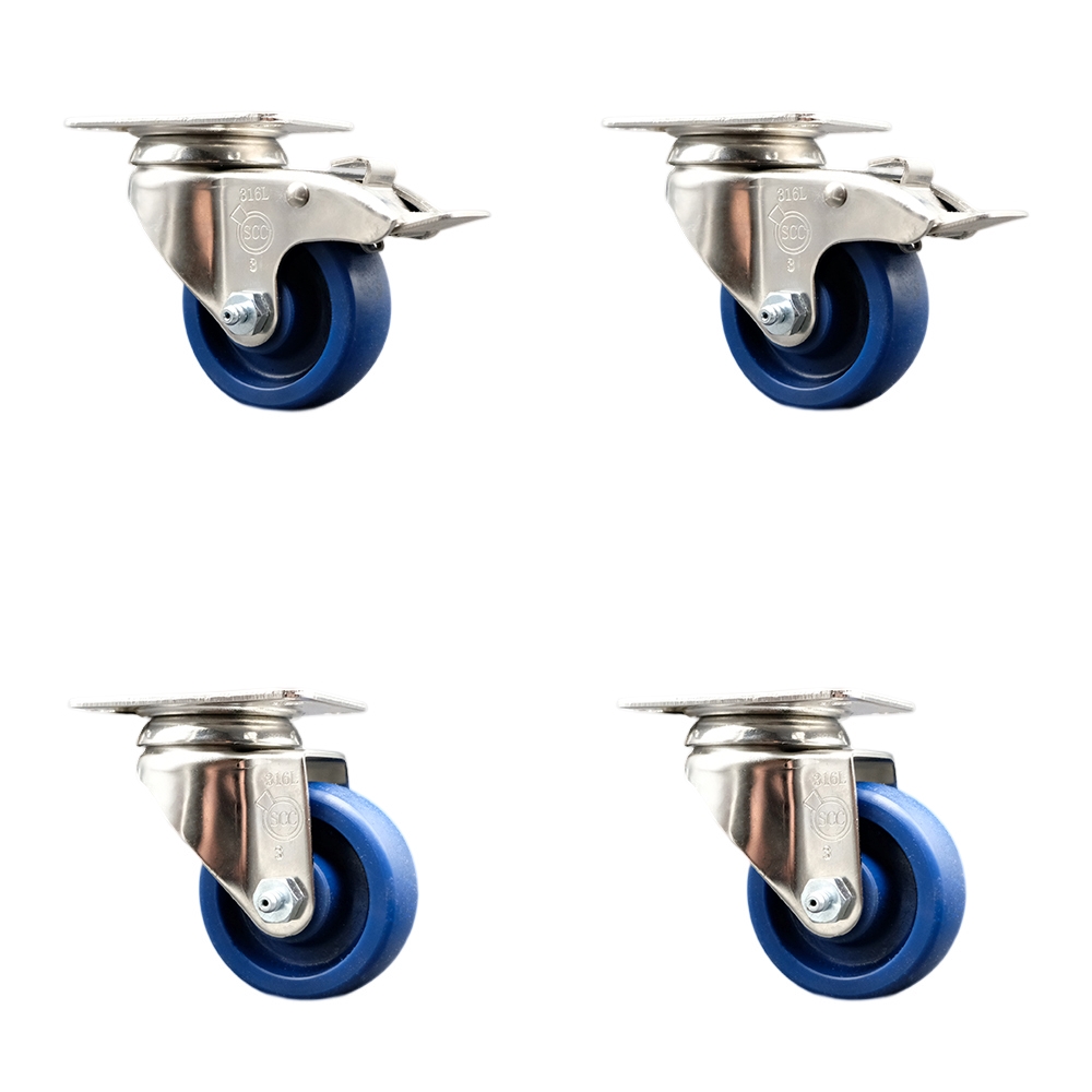 SCC-SS316TTL20S3514-SPUS-2-S-2 Solid Polyurethane Swivel Top Plate Caster with 3.5 in. 316 Stainless Steel Blue Wheels - Set of 4