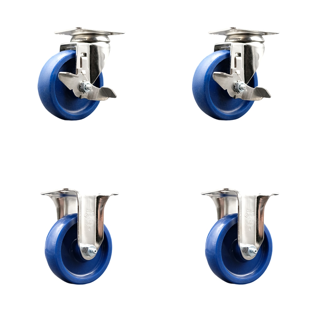 SCC-SS31620S414-SPUS-TLB-2-R-2 Solid Polyurethane Swivel Top Plate Caster with 4 in. 316 Stainless Steel Blue Wheels - Set of 4