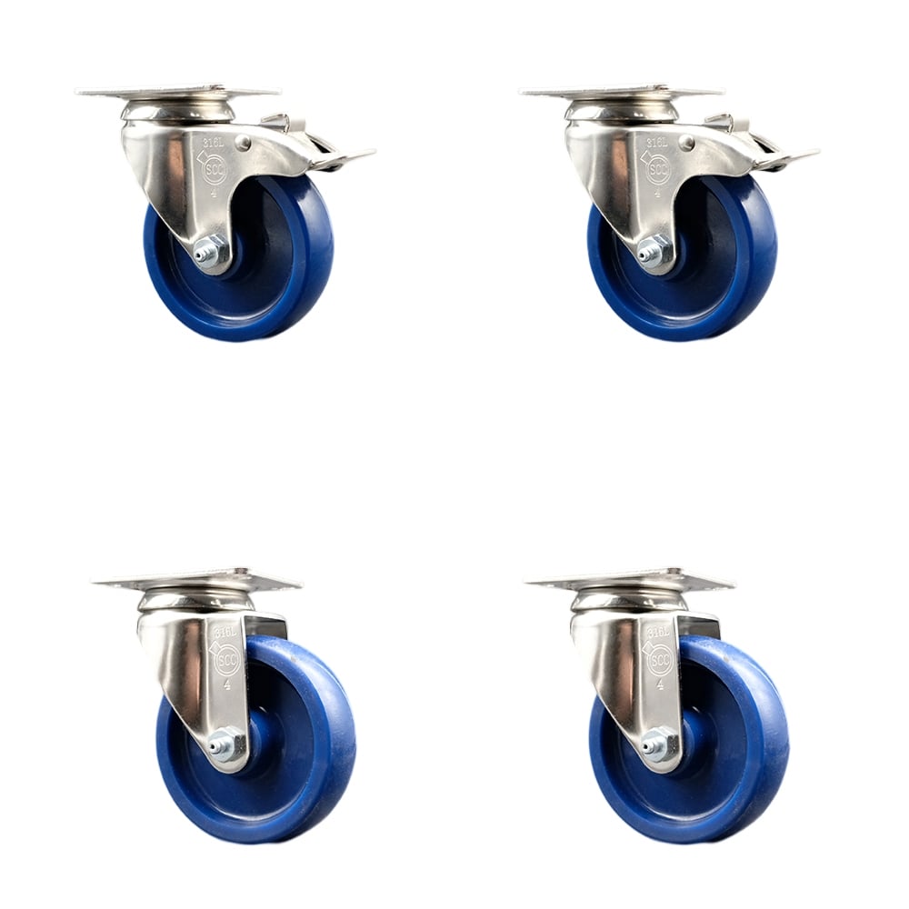 SCC-SS316TTL20S414-SPUS-2-S-2 Solid Polyurethane Swivel Top Plate Caster with 4 in. 316 Stainless Steel Blue Wheels - Set of 4