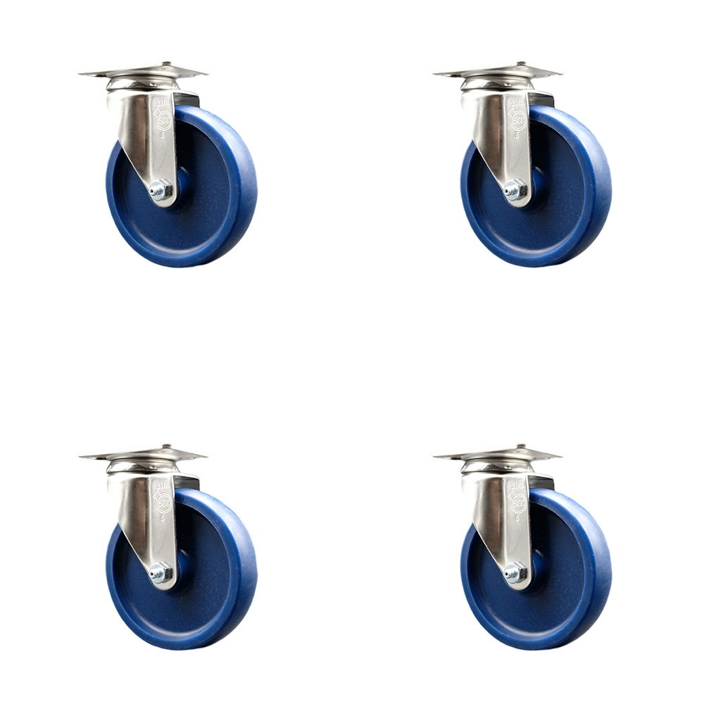 SCC-SS31620S514-SPUS-4 Solid Polyurethane Swivel Top Plate Caster with 5 in. 316 Stainless Steel Blue Wheels - Set of 4