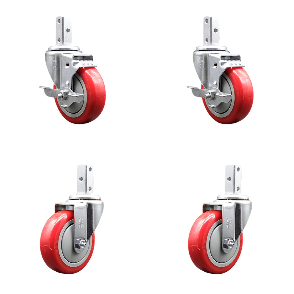 Swivel Square Stem Caster with 4 x 1.25 in. Red Poly Wheel, 0.75 x 2 in. Square Stem with 3 0.26 in. Diameter Mounting Holes - Set of 4