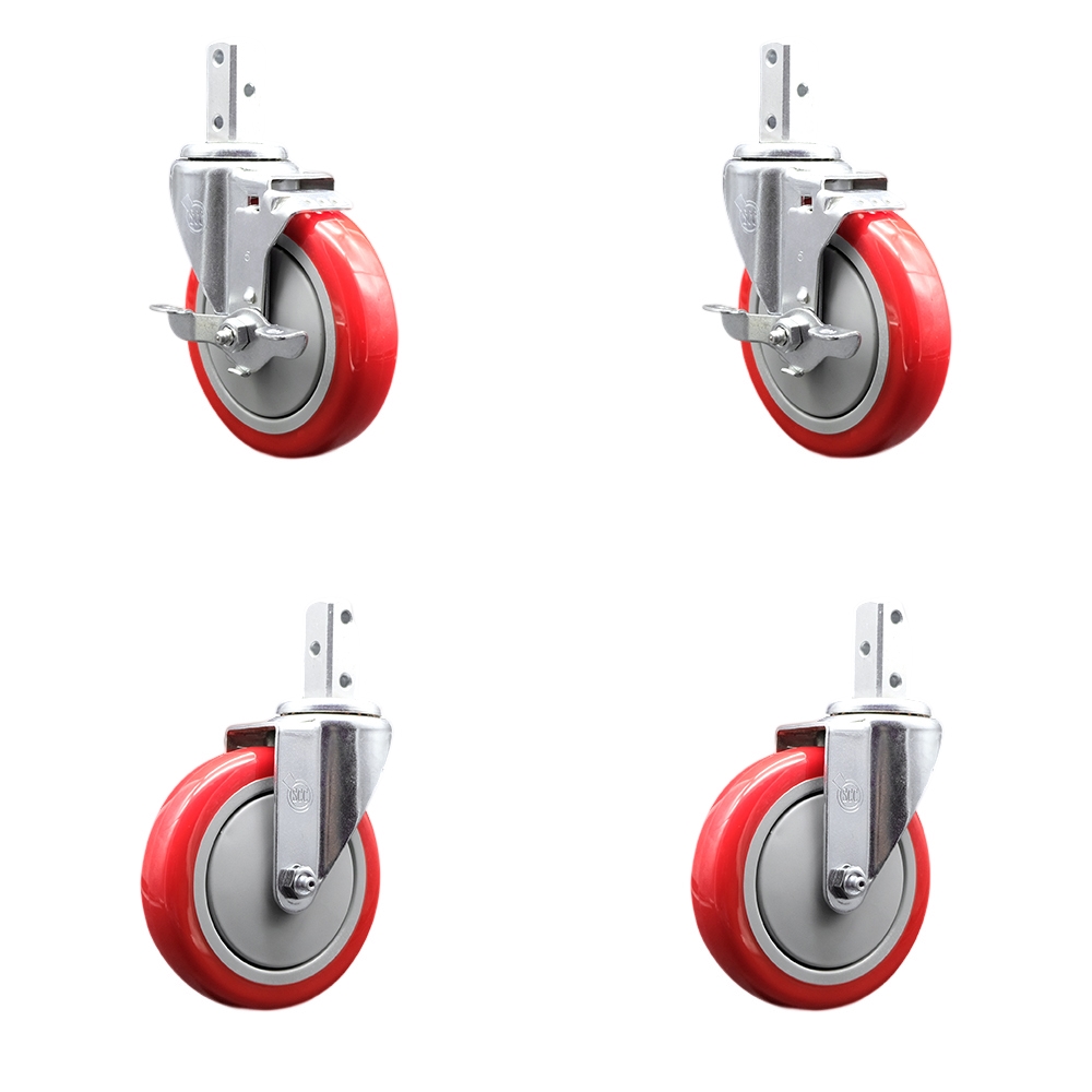 Swivel Square Stem Caster with 5 x 1.25 in. Red Poly Wheel, 0.75 x 2 in. Square Stem with 3 0.26 in. Diameter Mounting Holes - Set of 4