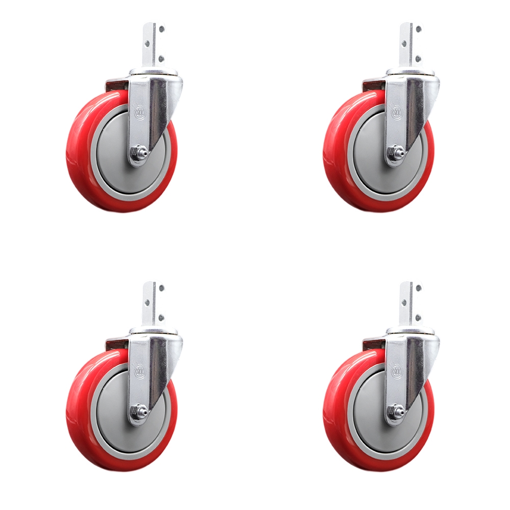Swivel Square Stem Caster with 5 x 1.25 in. Red Polyurethane Wheel, 0.87 x 2 in. Square Stem with 3 0.26 in. Diameter Mounting Holes - Set of 4