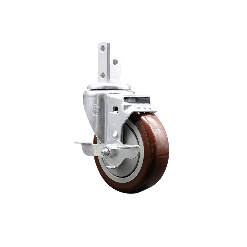 Swivel Square Stem Caster with 4 x 1.25 in. Maroon Polyurethane Wheel, 0.75 x 2 in. Square Stem with 3 0.26 in. Diameter Mounting Holes