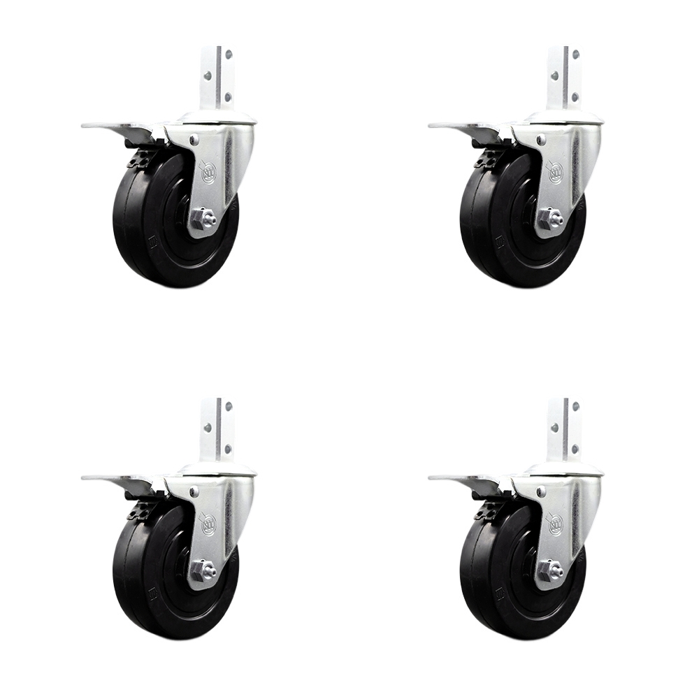 Swivel Square Stem Caster with 4 x 1.25 in. Black Soft Rubber Wheel, 0.75 x 2 in. Square Stem with 3 0.26 in. Diameter Mounting Holes - Set of 4