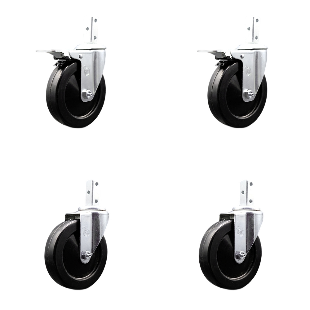 Swivel Square Stem Caster with 5 x 1.25 in. Black Soft Rubber Wheel, 0.75 x 2 in. Square Stem with 3 0.26 in. Diameter Mounting Holes - Set of 4
