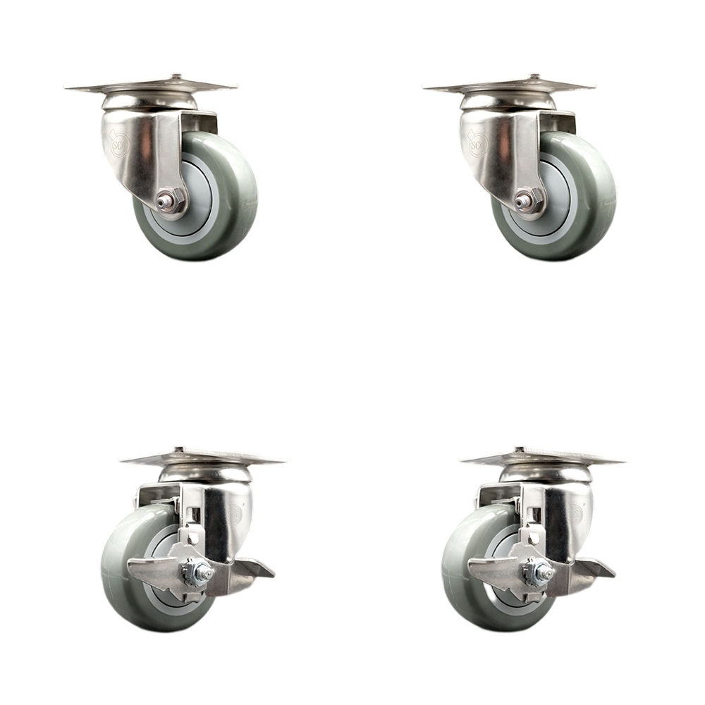 SCC-SS31620S3514-PPUB-2-TLB-2 Polyurethane Swivel Top Plate Caster with 3.5 in. 316 Stainless Steel Gray Wheels - Set of 4