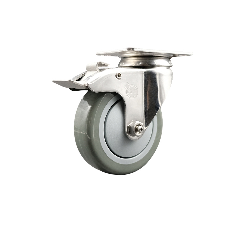 SCC-SS316TTL20S414-PPUB Polyurethane Swivel Top Plate Caster with 4 in. 316 Stainless Steel Gray Caster Wheel & Total Lock Brake
