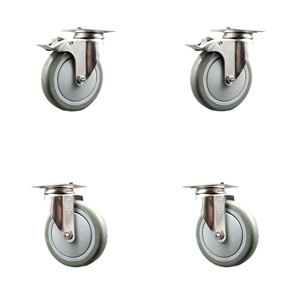SCC-SS316TTL20S514-PPUB-2-S-2 Polyurethane Swivel Top Plate Caster with 5 in. 316 Stainless Steel Gray Wheels - Set of 4