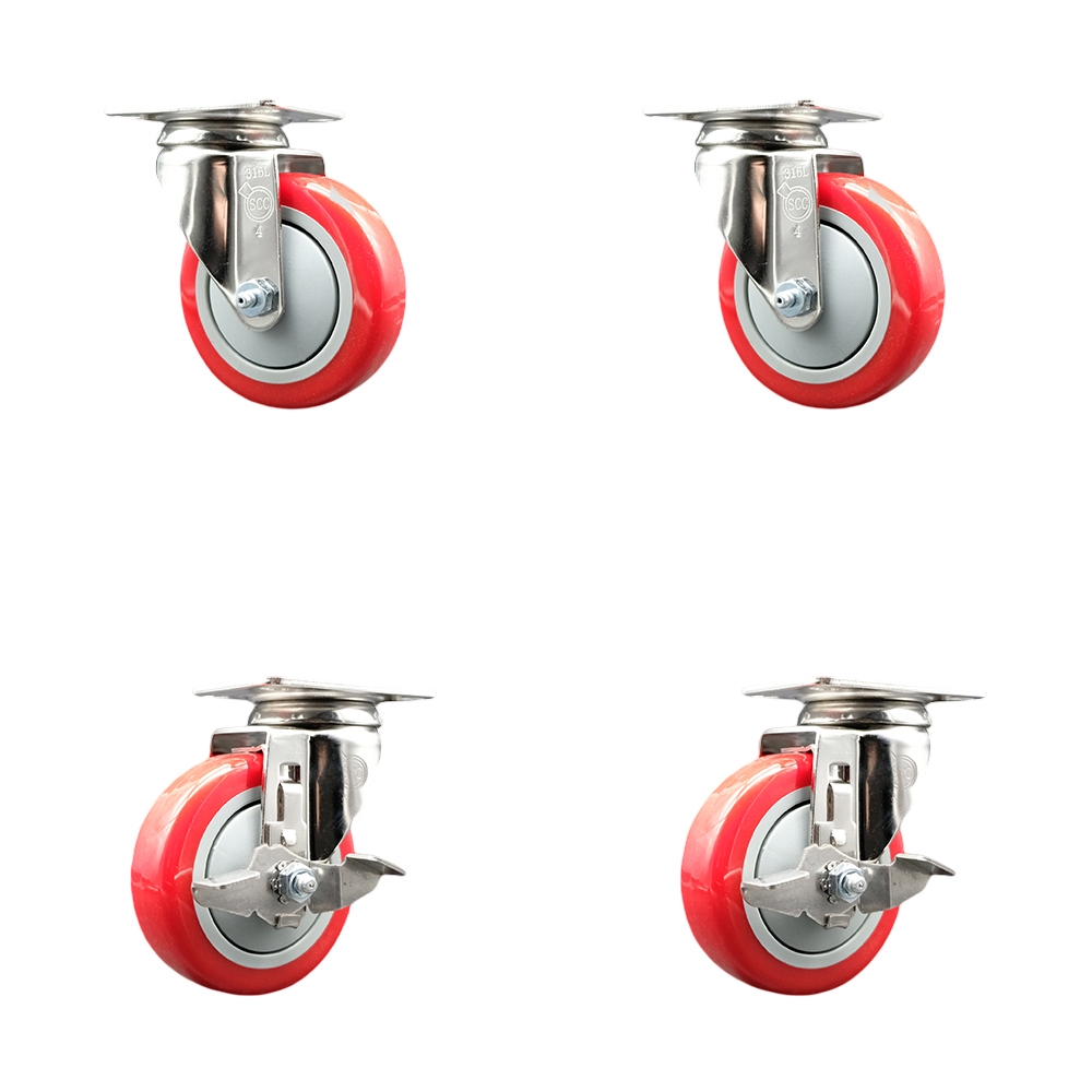 SCC-SS31620S414-PPUB-RED-2-TLB-2 Polyurethane Swivel Top Plate Caster with 4 in. 316 Stainless Steel Red Wheels - Set of 4