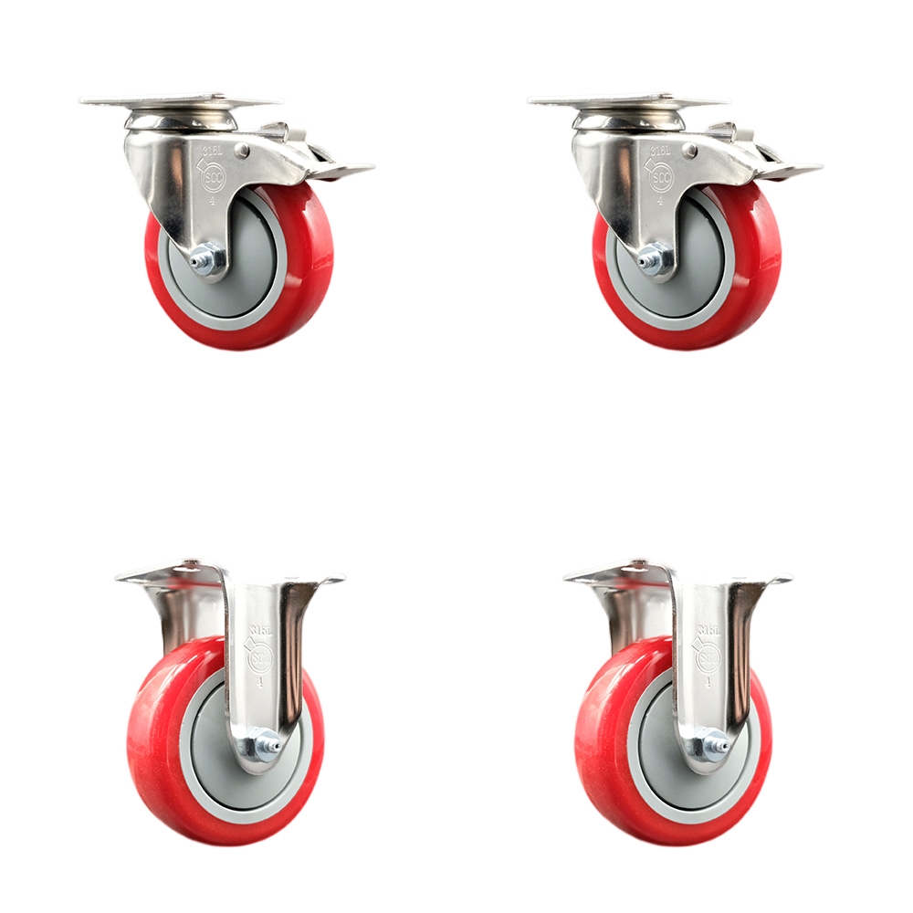 SCC-SS316TTL20S414-PPUB-RED-2-R-2 Polyurethane Swivel Top Plate Caster with 4 in. 316 Stainless Steel Red Wheels - Set of 4