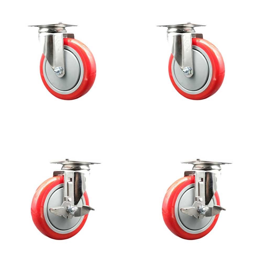 SCC-SS31620S514-PPUB-RED-2-TLB-2 Polyurethane Swivel Top Plate Caster with 5 in. 316 Stainless Steel Red Wheels - Set of 4