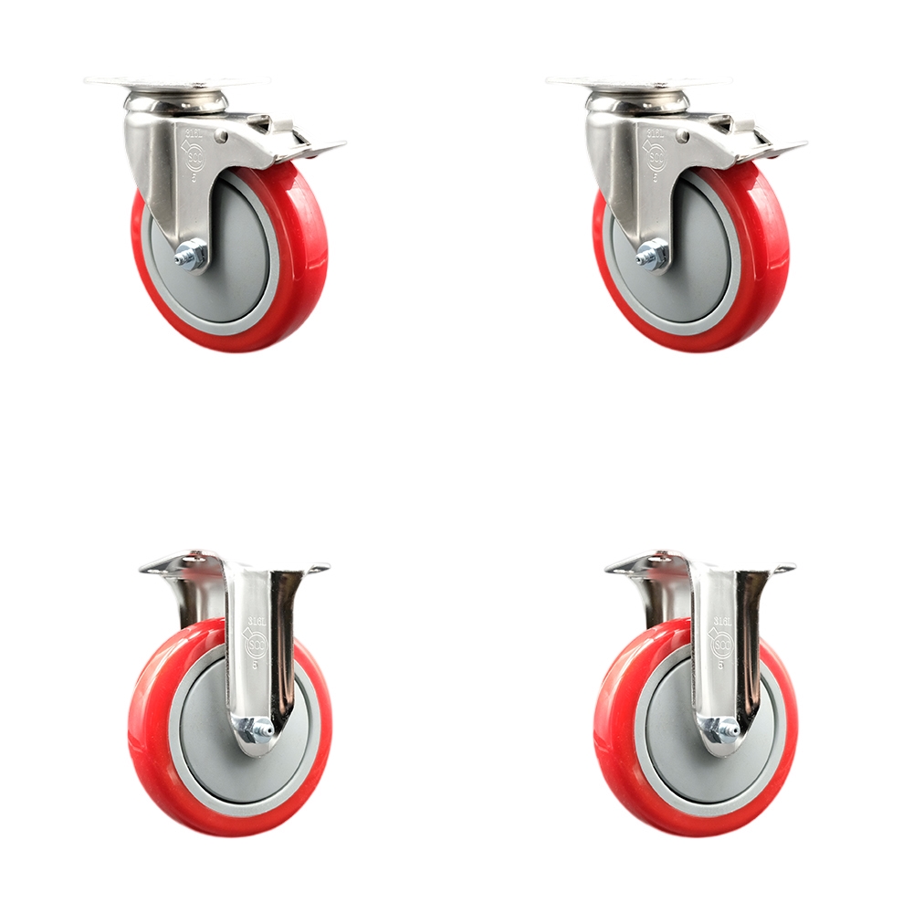 SCC-SS316TTL20S514-PPUB-RED-2-R-2 Polyurethane Swivel Top Plate Caster with 5 in. 316 Stainless Steel Red Wheels - Set of 4