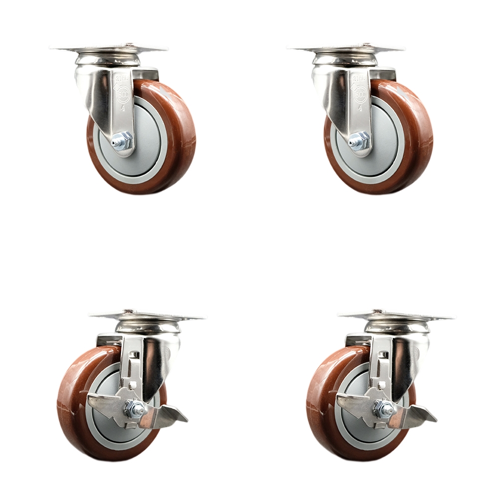 SCC-SS31620S414-PPUB-MRN-2-TLB-2 Polyurethane Swivel Top Plate Caster with 4 in. 316 Stainless Steel Maroon Wheels - Set of 4