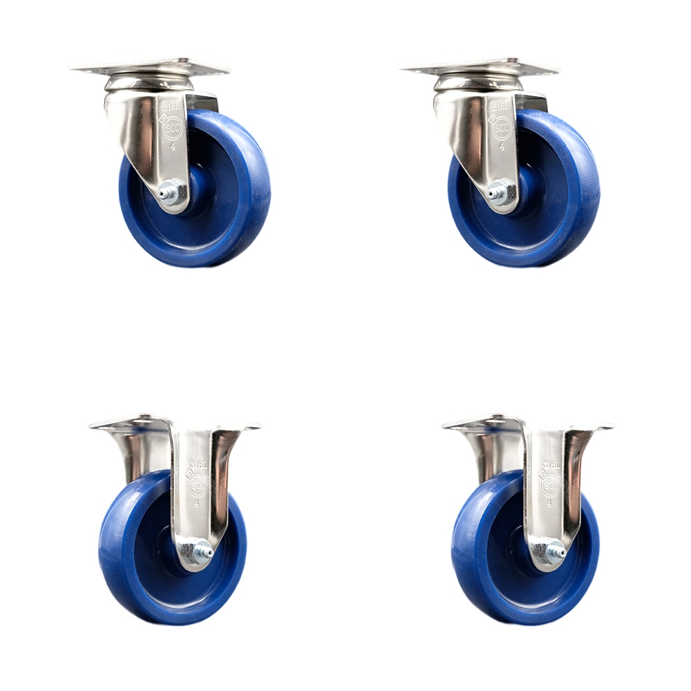 SCC-SS31620S414-SPUS-2-R-2 Solid Polyurethane Swivel Top Plate Caster with 4 in. 316 Stainless Steel Blue Wheels - Set of 4