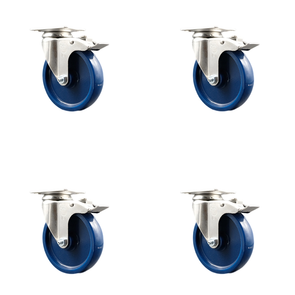 SCC-SS316TTL20S514-SPUS-4 Solid Poly Swivel Top Plate Caster with 5 in. Blue Caster Wheels - 316 Stainless Steel Caster - Set of 4