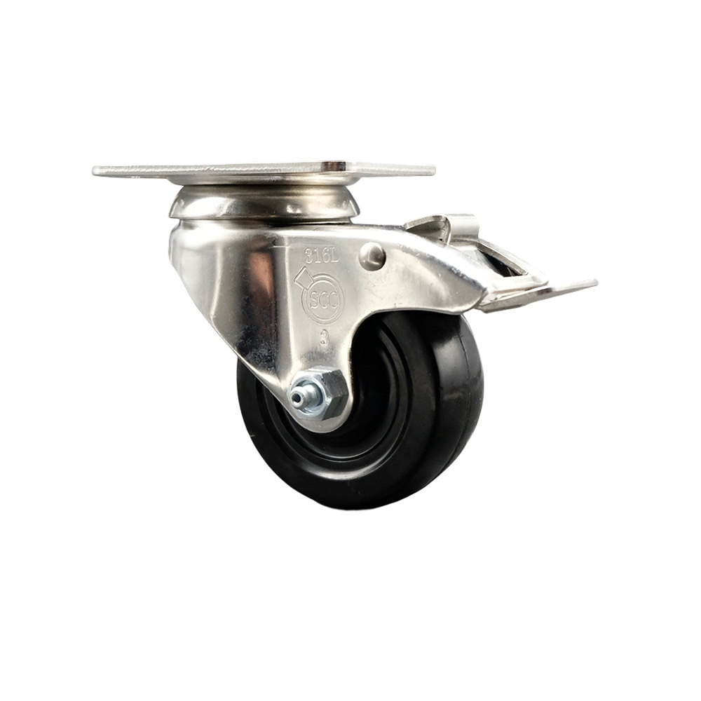 SCC-SS316TTL20S314-SRS Soft Rubber Swivel Top Plate Caster with 3 in. Black Caster Wheel & Total Lock Brake - 316 Stainless Steel Caster